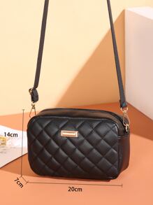 迷你金屬裝飾幾何格紋絎縫方形包 - 黑色 - 查看 6