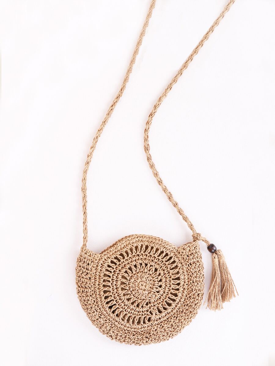 Tassel Decor Straw Bag, Wicker Bag - Khaki - View 1