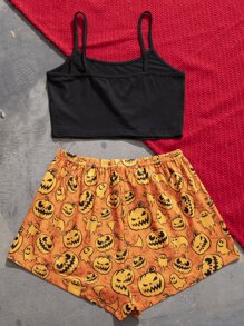 萬聖節南瓜&標語圖案前繫帶睡衣套裝 - 彩色 - 查看 2
