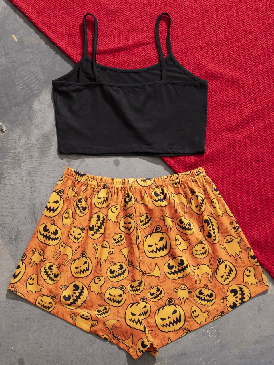 Halloween Pumpkin & Slogan Graphic Tie Front PJ Set