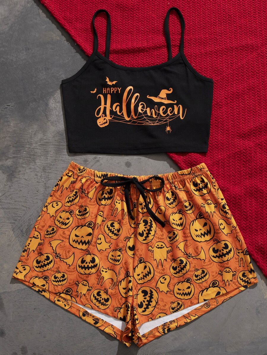 萬聖節南瓜&標語圖案前繫帶睡衣套裝 - 彩色 - 查看 1