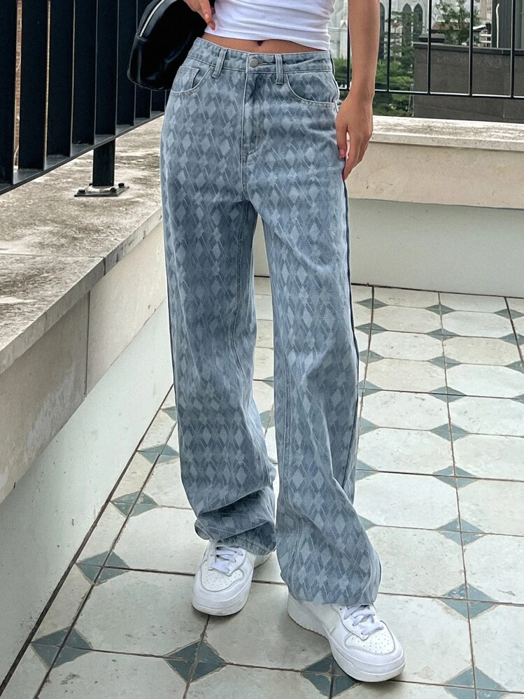 DAZY Argyle Pattern Wide Leg Jeans Without Belt - Light Wash - View 1