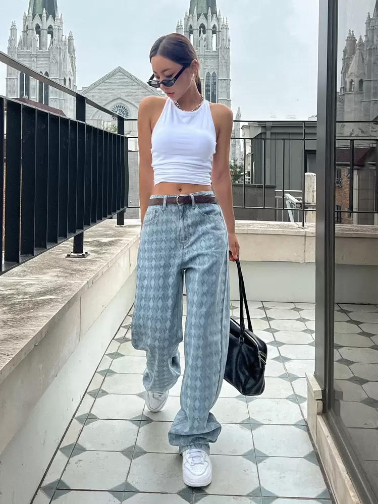 DAZY Argyle Pattern Wide Leg Jeans Without Belt - Light Wash - View 5