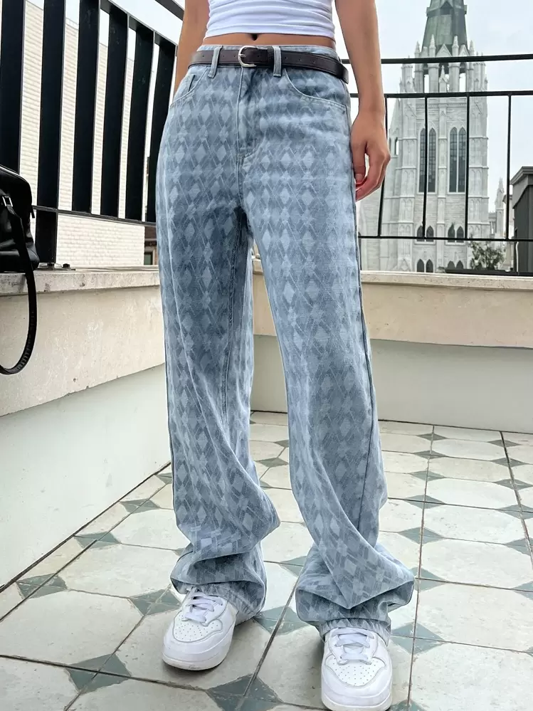 DAZY Argyle Pattern Wide Leg Jeans Without Belt - Light Wash - View 6