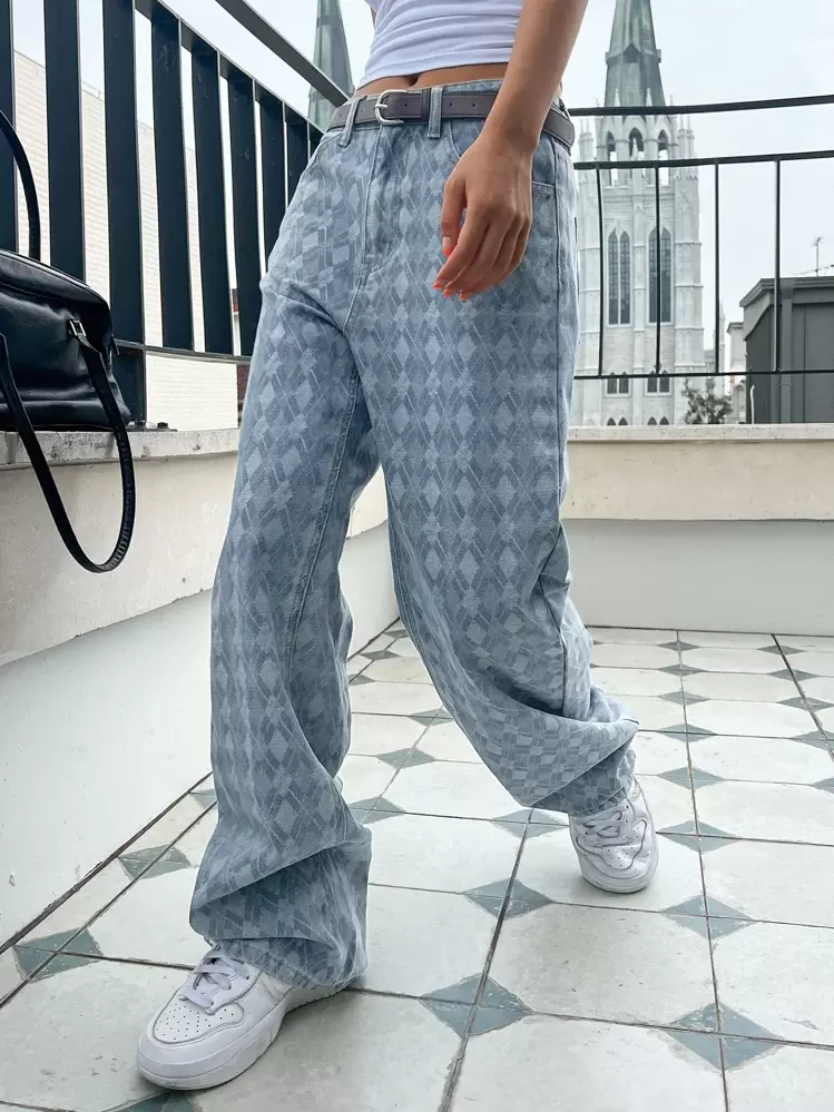 DAZY Argyle Pattern Wide Leg Jeans Without Belt - Light Wash - View 7