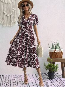 All Over Floral Print Shirred Dress - Multicolor - View 6