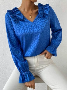 SHEIN Unity Leopard Jacquard Ruffle Trim Satin Blouse - Royal Blue - View 2