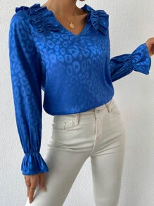 SHEIN Unity Leopard Jacquard Ruffle Trim Satin Blouse - Royal Blue - View 1