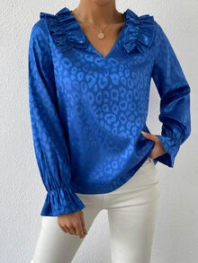 SHEIN Unity Leopard Jacquard Ruffle Trim Satin Blouse - Royal Blue - View 5
