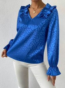 SHEIN Unity Leopard Jacquard Ruffle Trim Satin Blouse - Royal Blue - View 6