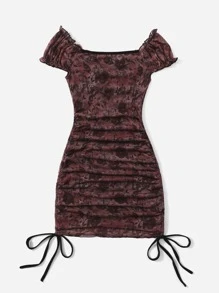 ROMWE Hippie 蝴蝶和雛菊圖案抽繩連衣裙 - 鏽棕色 - 查看 2