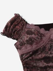 ROMWE Hippie 蝴蝶和雛菊圖案抽繩連衣裙 - 鏽棕色 - 查看 3