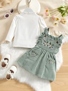 嬰兒木耳邊T恤和花卉刺繡背帶裙 - 彩色 - 查看 3