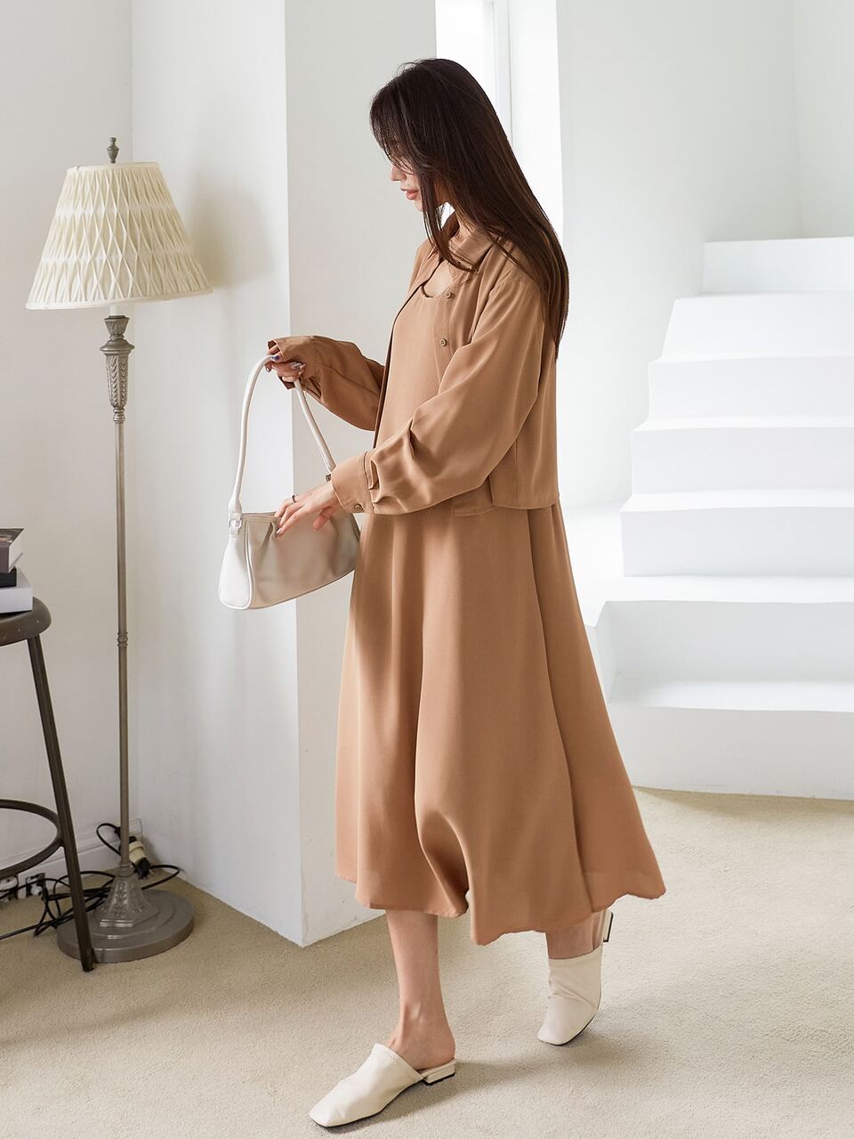 Solid Button Front Shirt & Cami Dress, Women Two Pieces Sets,Fall Clothes Lounge Sets For Women