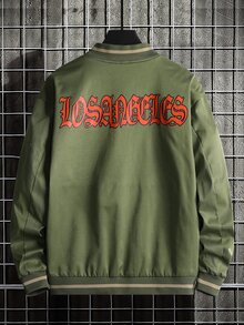 Men Striped Trim Drop Shoulder Bomber Jacket Without Tee - Army Green - View 1