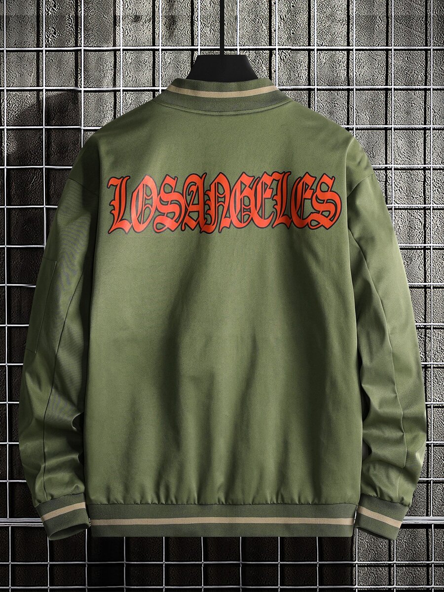 Men Striped Trim Drop Shoulder Bomber Jacket Without Tee - Army Green - View 1