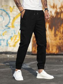 Manfinity Men Letter Graphic Flap Pocket Side Drawstring Waist Cargo Jeans - Black - View 5