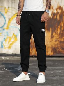 Manfinity Men Letter Graphic Flap Pocket Side Drawstring Waist Cargo Jeans - Black - View 6