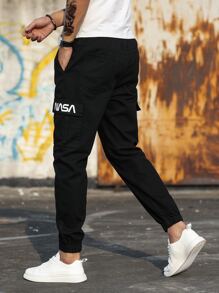 Manfinity Men Letter Graphic Flap Pocket Side Drawstring Waist Cargo Jeans - Black - View 7