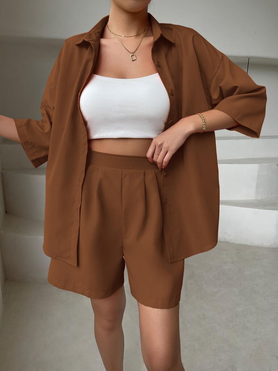 SHEIN Essnce Solid Drop Shoulder Blouse & Shorts - Coffee Brown - View 1