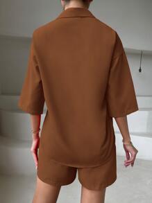 SHEIN Essnce Solid Drop Shoulder Blouse & Shorts - Coffee Brown - View 2