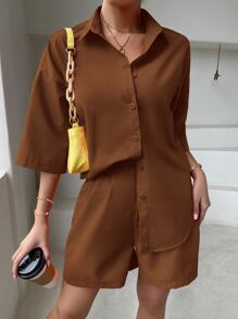 SHEIN Essnce Solid Drop Shoulder Blouse & Shorts - Coffee Brown - View 3