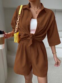 SHEIN Essnce Solid Drop Shoulder Blouse & Shorts - Coffee Brown - View 4