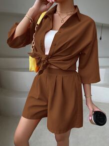 SHEIN Essnce Solid Drop Shoulder Blouse & Shorts - Coffee Brown - View 5