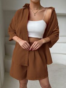 SHEIN Essnce Solid Drop Shoulder Blouse & Shorts - Coffee Brown - View 7