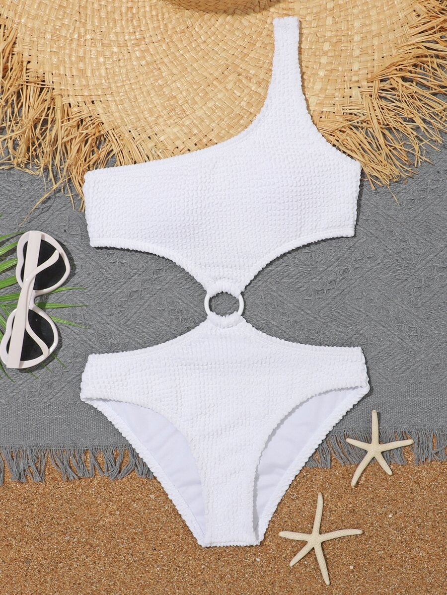 Tween Girl Textured Ring Linked One Piece Swimsuit Summer Holiday - White - View 1