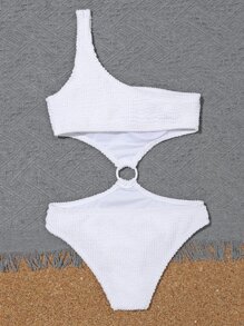 Tween Girl Textured Ring Linked One Piece Swimsuit Summer Holiday - White - View 2