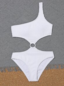 Tween Girl Textured Ring Linked One Piece Swimsuit Summer Holiday - White - View 3