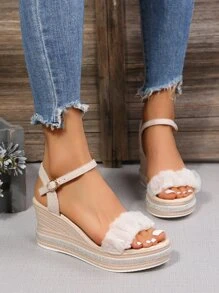 Women Ruched Detail Rhinestone Decor Sandals, Vacation Fabric Ankle Strap Wedge Sandals For Summer - Beige - View 3