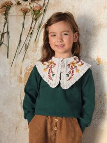 SHEIN 小女童花卉刺繡誇大領口套頭衫 - 墨綠色 - 查看 1