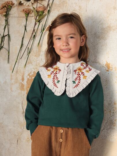 SHEIN 小女童花卉刺繡誇大領口套頭衫