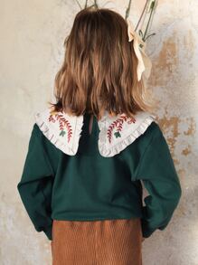 SHEIN 小女童花卉刺繡誇大領口套頭衫 - 墨綠色 - 查看 2
