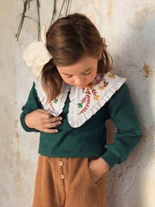 SHEIN 小女童花卉刺繡誇大領口套頭衫 - 墨綠色 - 查看 3