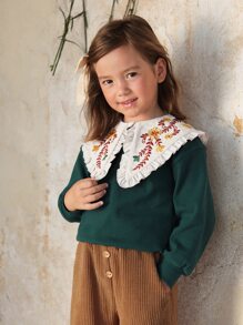 SHEIN 小女童花卉刺繡誇大領口套頭衫 - 墨綠色 - 查看 5