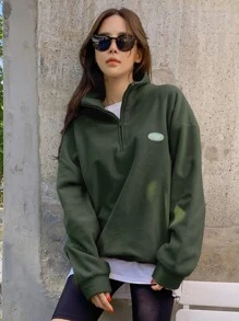 DAZY 补丁细节抽绳下摆落肩羊毛套头衫，秋季女装运动衫 - 軍綠色 - 查看 3