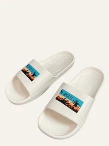 Men Letter Detail Bathroom Slippers - White - View 1