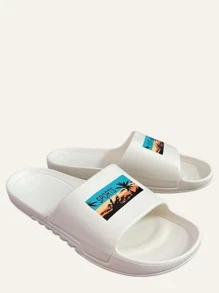 Men Letter Detail Bathroom Slippers - White - View 2