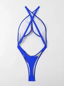 SHEIN Swim Summer Beach Neon Blue Metal Detail High Cut Halter Monokini - Royal Blue - View 2