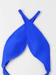 SHEIN Swim Summer Beach Neon Blue Metal Detail High Cut Halter Monokini - Royal Blue - View 3