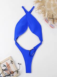SHEIN Swim Summer Beach Neon Blue Metal Detail High Cut Halter Monokini - Royal Blue - View 5