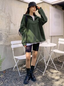 DAZY 补丁细节抽绳下摆落肩羊毛套头衫，秋季女装运动衫 - 軍綠色 - 查看 5