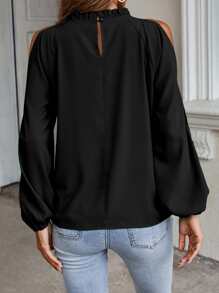 SHEIN Clasi Áo sơ mi nữ Nút Cắt ra viền lá sen màu trơn Giải trí - màu đen - Xem 2