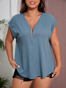 SHEIN LUNE Blusa con cremallera delantera de manga murciélago - Neblina azul - Ver 6