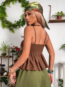 ROMWE PUNK Grunge Shirred Ruffle Trim Peplum Cami Top - Brown - View 2