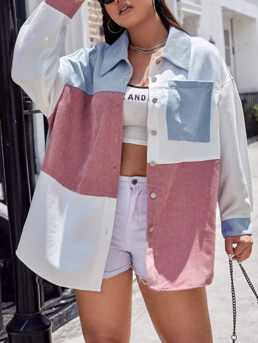 SHEIN EZwear Plus Color Block Patched Pocket Drop Shoulder Corduroy Coat, For Winter Fall Autumn