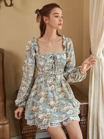 Floral Print Frill Trim Lace Up Front Embroidery Mesh Hem Dress